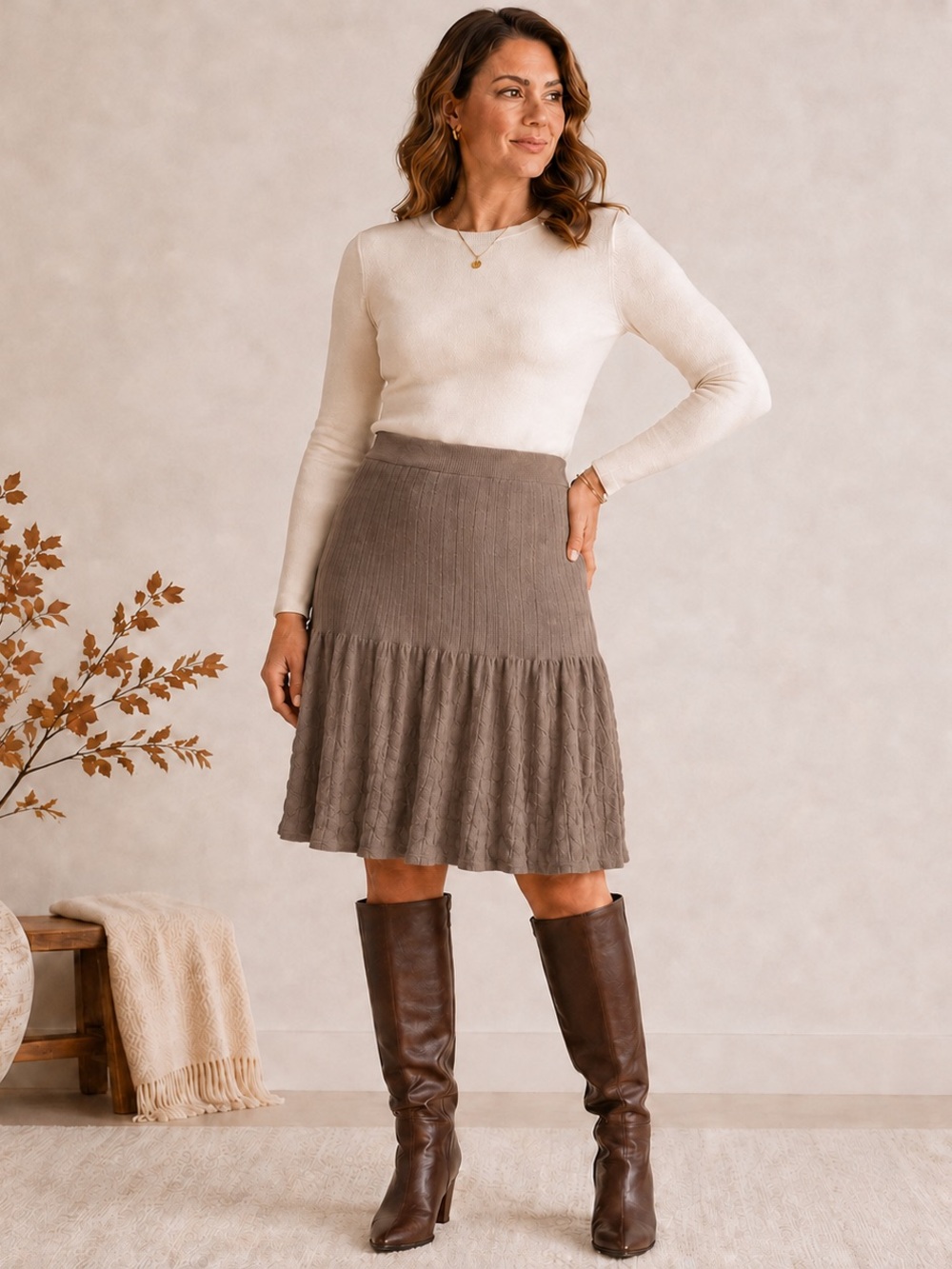*Rare* Designer Devernois Paris Taupe Textured Knit Flared Viscose Midi Skirt L